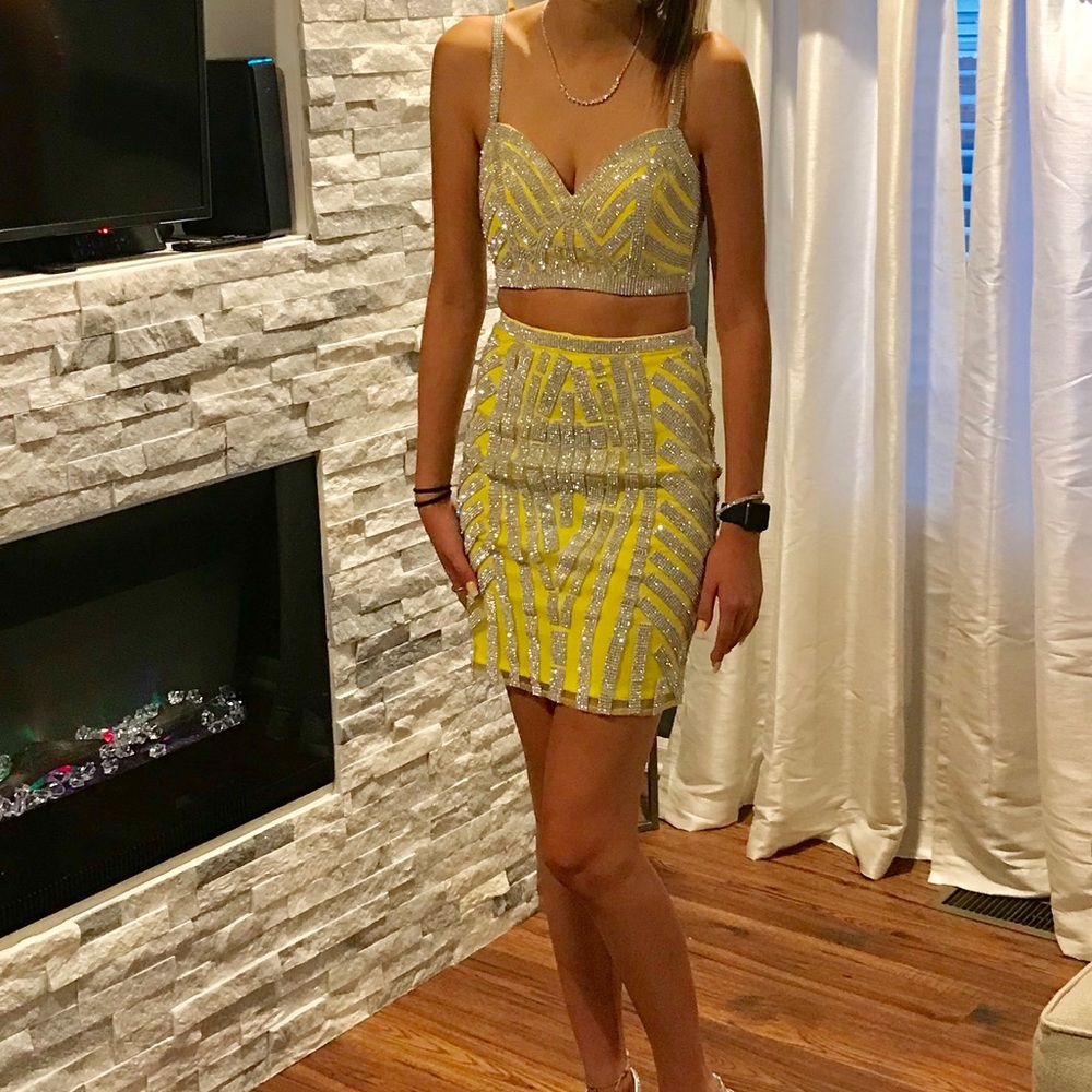 Embellished 2 Piece Yellow Homecoming Dress